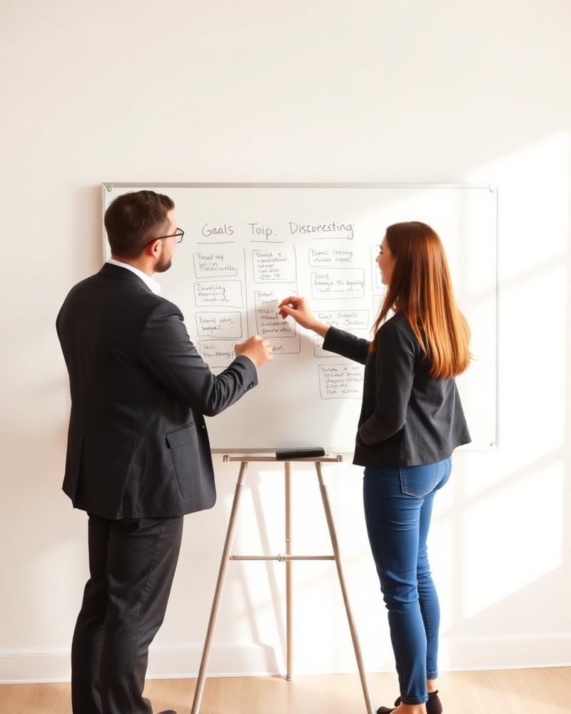 Team mapping business goals on a whiteboard